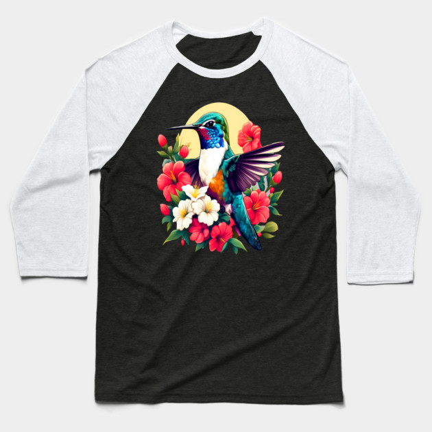 Cute Ruby Throated Hummingbird Surrounded by Spring Flowers Baseball T-Shirt by BirdsnStuff