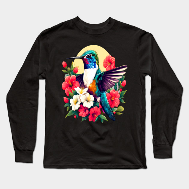 Cute Ruby Throated Hummingbird Surrounded by Spring Flowers Long Sleeve T-Shirt by BirdsnStuff