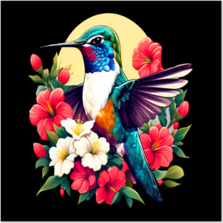 Cute Ruby Throated Hummingbird Surrounded by Spring Flowers Posters and Art