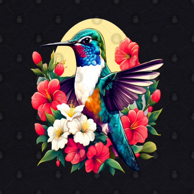 Cute Ruby Throated Hummingbird Surrounded by Spring Flowers by BirdsnStuff