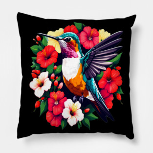 Cute Ruby Throated Hummingbird Surrounded by Spring Flowers Pillow