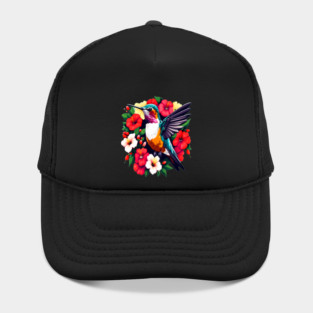 Cute Ruby Throated Hummingbird Surrounded by Spring Flowers Hat