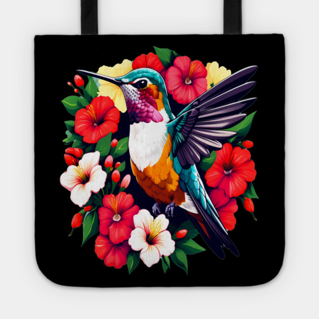 Cute Ruby Throated Hummingbird Surrounded by Spring Flowers Tote by BirdsnStuff