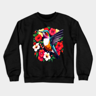 Cute Ruby Throated Hummingbird Surrounded by Spring Flowers Crewneck Sweatshirt