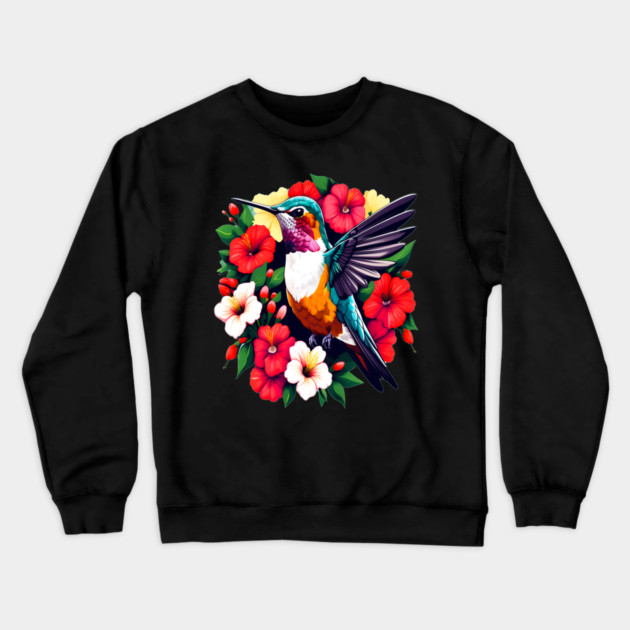 Cute Ruby Throated Hummingbird Surrounded by Spring Flowers Crewneck Sweatshirt by BirdsnStuff