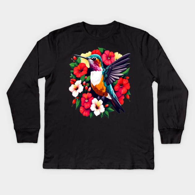 Cute Ruby Throated Hummingbird Surrounded by Spring Flowers Kids Long Sleeve T-Shirt by BirdsnStuff