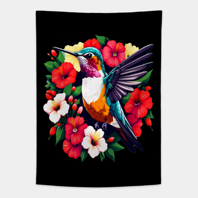 Cute Ruby Throated Hummingbird Surrounded by Spring Flowers Tapestry by BirdsnStuff