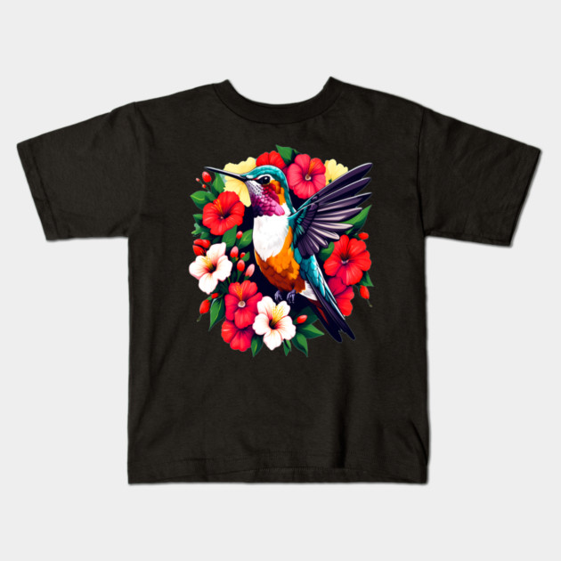 Cute Ruby Throated Hummingbird Surrounded by Spring Flowers Kids T-Shirt by BirdsnStuff