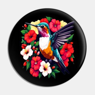 Cute Ruby Throated Hummingbird Surrounded by Spring Flowers Pin
