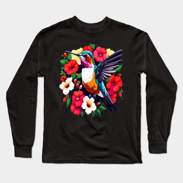 Cute Ruby Throated Hummingbird Surrounded by Spring Flowers Long Sleeve T-Shirt by BirdsnStuff