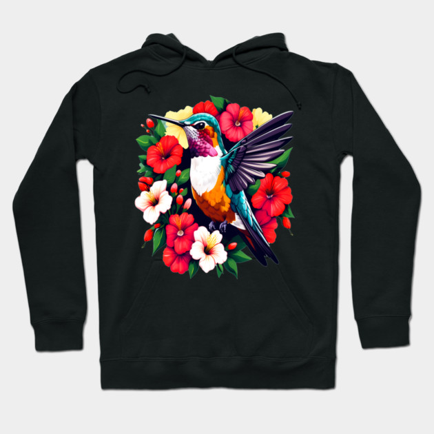 Cute Ruby Throated Hummingbird Surrounded by Spring Flowers Hoodie by BirdsnStuff
