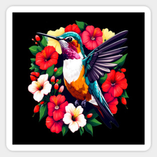 Cute Ruby Throated Hummingbird Surrounded by Spring Flowers Sticker
