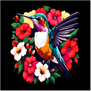 Cute Ruby Throated Hummingbird Surrounded by Spring Flowers Posters and Art