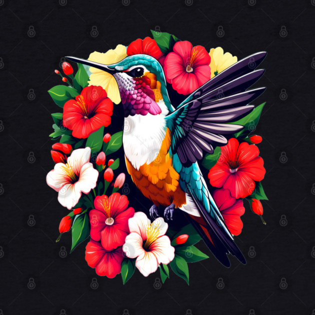 Cute Ruby Throated Hummingbird Surrounded by Spring Flowers by BirdsnStuff