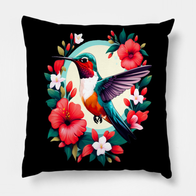 Cute Ruby Throated Hummingbird Surrounded by Spring Flowers Pillow by BirdsnStuff