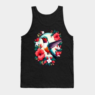 Cute Ruby Throated Hummingbird Surrounded by Spring Flowers Tank Top