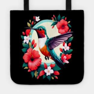 Cute Ruby Throated Hummingbird Surrounded by Spring Flowers Tote