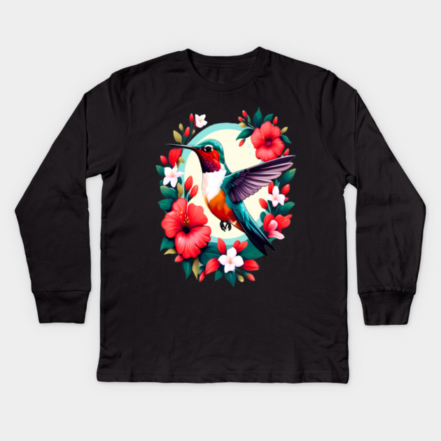 Cute Ruby Throated Hummingbird Surrounded by Spring Flowers Kids Long Sleeve T-Shirt by BirdsnStuff
