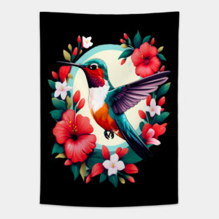 Cute Ruby Throated Hummingbird Surrounded by Spring Flowers Tapestry