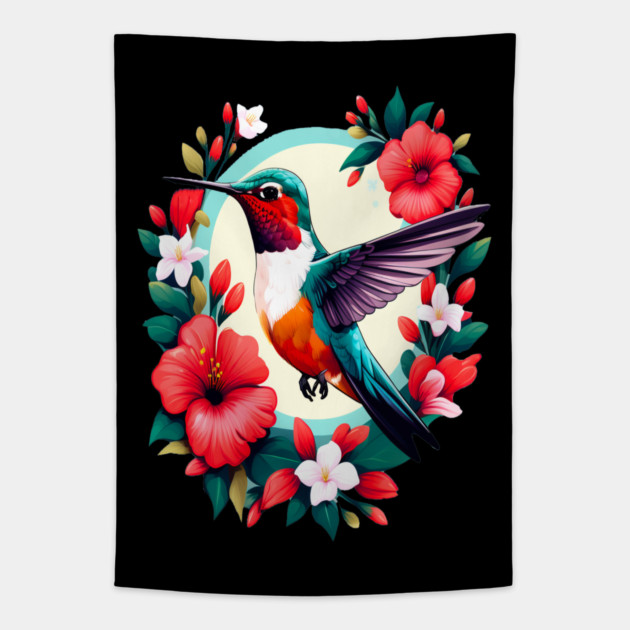 Cute Ruby Throated Hummingbird Surrounded by Spring Flowers Tapestry by BirdsnStuff