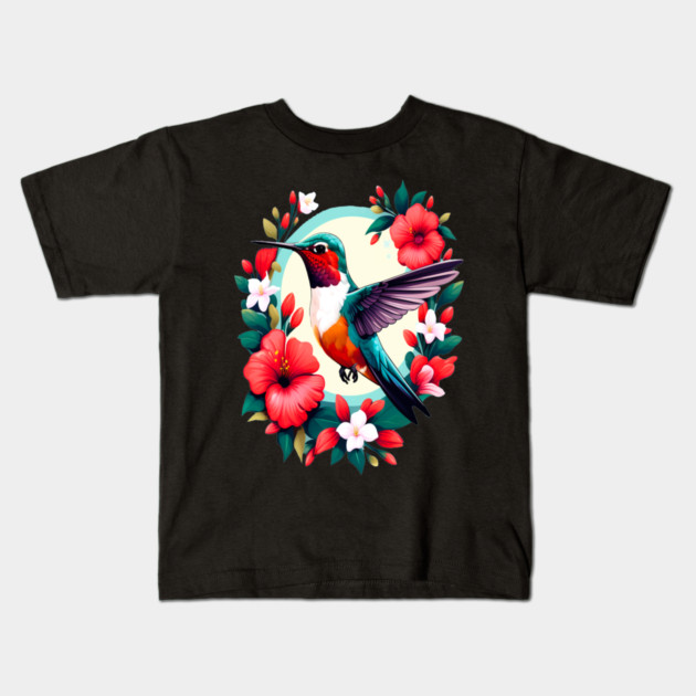 Cute Ruby Throated Hummingbird Surrounded by Spring Flowers Kids T-Shirt by BirdsnStuff