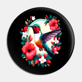 Cute Ruby Throated Hummingbird Surrounded by Spring Flowers Pin