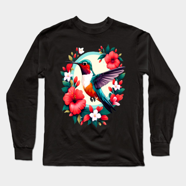 Cute Ruby Throated Hummingbird Surrounded by Spring Flowers Long Sleeve T-Shirt by BirdsnStuff