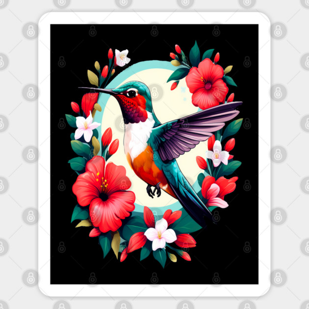 Cute Ruby Throated Hummingbird Surrounded by Spring Flowers Sticker by BirdsnStuff