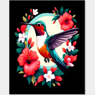 Cute Ruby Throated Hummingbird Surrounded by Spring Flowers Posters and Art