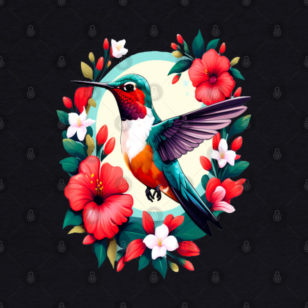 Cute Ruby Throated Hummingbird Surrounded by Spring Flowers by BirdsnStuff