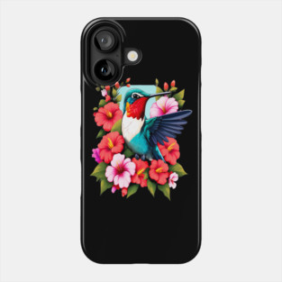 Cute Ruby Throated Hummingbird Surrounded by Spring Flowers Phone Case