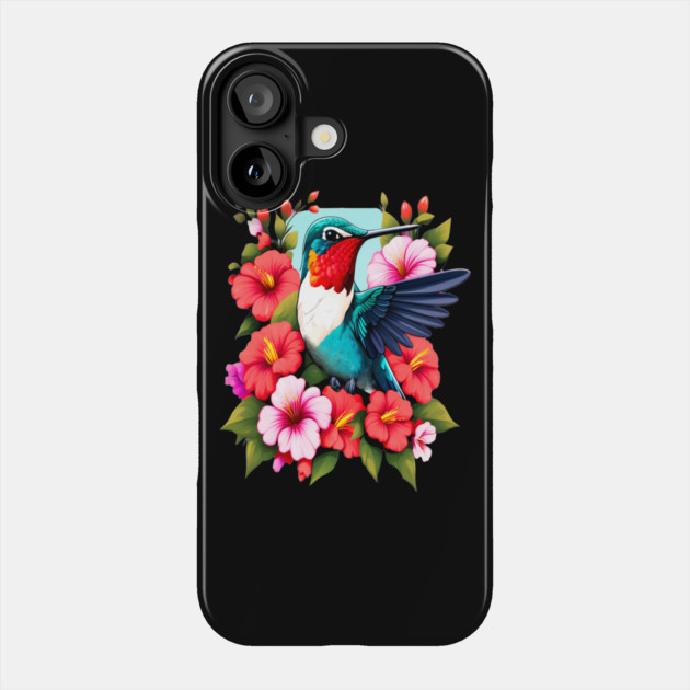 Cute Ruby Throated Hummingbird Surrounded by Spring Flowers Phone Case by BirdsnStuff