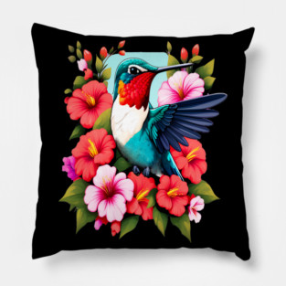 Cute Ruby Throated Hummingbird Surrounded by Spring Flowers Pillow