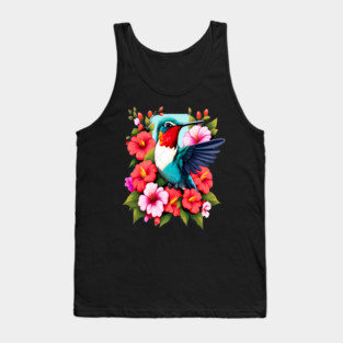Cute Ruby Throated Hummingbird Surrounded by Spring Flowers Tank Top