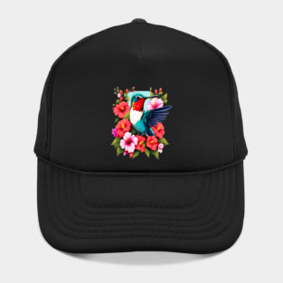 Cute Ruby Throated Hummingbird Surrounded by Spring Flowers Hat
