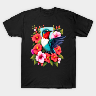 Cute Ruby Throated Hummingbird Surrounded by Spring Flowers T-Shirt