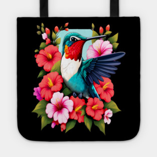 Cute Ruby Throated Hummingbird Surrounded by Spring Flowers Tote