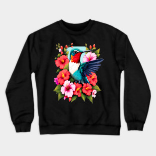 Cute Ruby Throated Hummingbird Surrounded by Spring Flowers Crewneck Sweatshirt