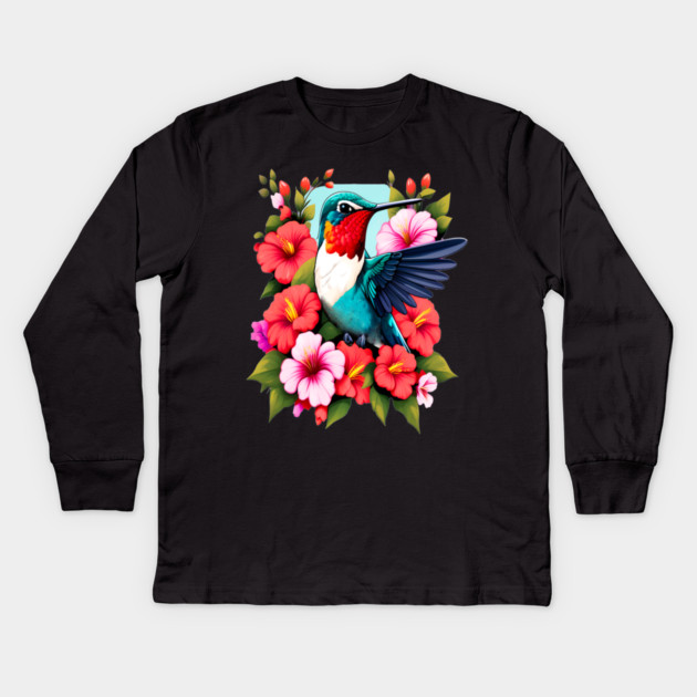 Cute Ruby Throated Hummingbird Surrounded by Spring Flowers Kids Long Sleeve T-Shirt by BirdsnStuff