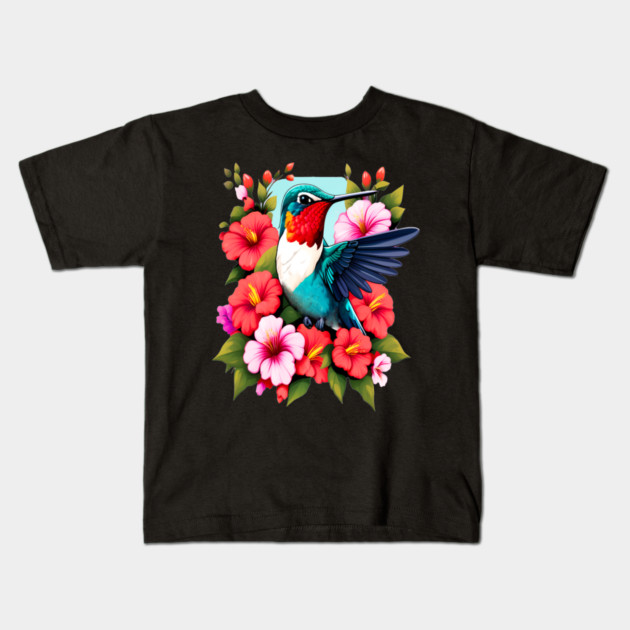 Cute Ruby Throated Hummingbird Surrounded by Spring Flowers Kids T-Shirt by BirdsnStuff