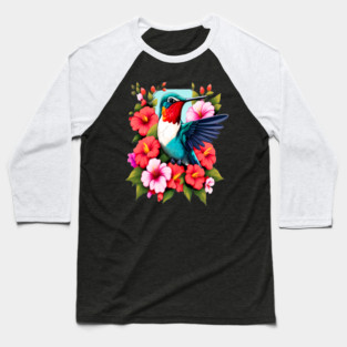 Cute Ruby Throated Hummingbird Surrounded by Spring Flowers Baseball T-Shirt