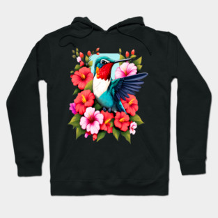 Cute Ruby Throated Hummingbird Surrounded by Spring Flowers Hoodie