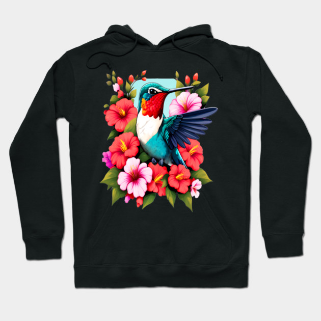 Cute Ruby Throated Hummingbird Surrounded by Spring Flowers Hoodie by BirdsnStuff
