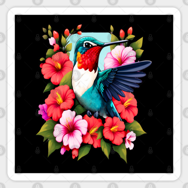 Cute Ruby Throated Hummingbird Surrounded by Spring Flowers Sticker by BirdsnStuff
