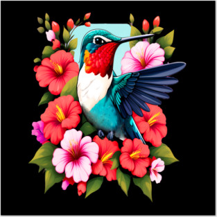 Cute Ruby Throated Hummingbird Surrounded by Spring Flowers Posters and Art