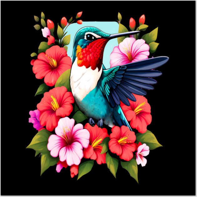 Cute Ruby Throated Hummingbird Surrounded by Spring Flowers Wall Art by BirdsnStuff