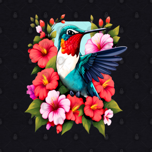 Cute Ruby Throated Hummingbird Surrounded by Spring Flowers by BirdsnStuff