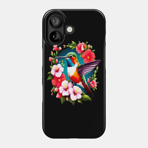 Cute Ruby Throated Hummingbird Surrounded by Spring Flowers Phone Case by BirdsnStuff