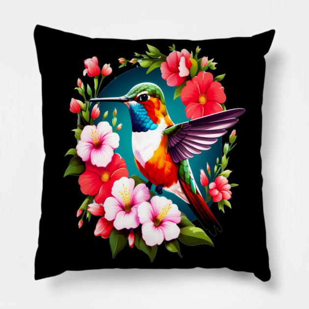 Cute Ruby Throated Hummingbird Surrounded by Spring Flowers Pillow by BirdsnStuff