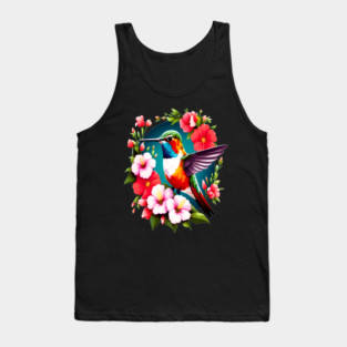 Cute Ruby Throated Hummingbird Surrounded by Spring Flowers Tank Top